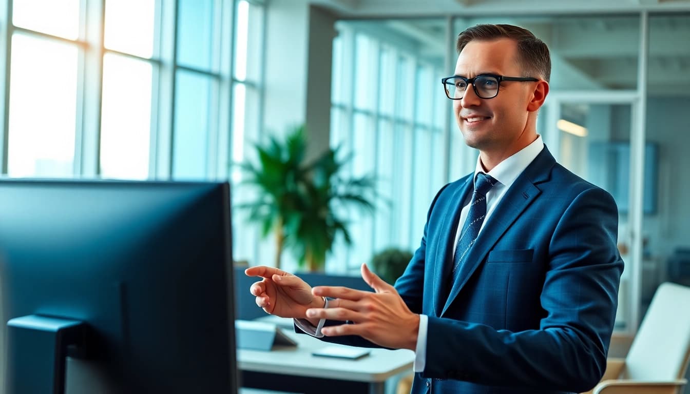 Showcase an executive assistant alternative AI helping professionals enhance productivity in a modern office.