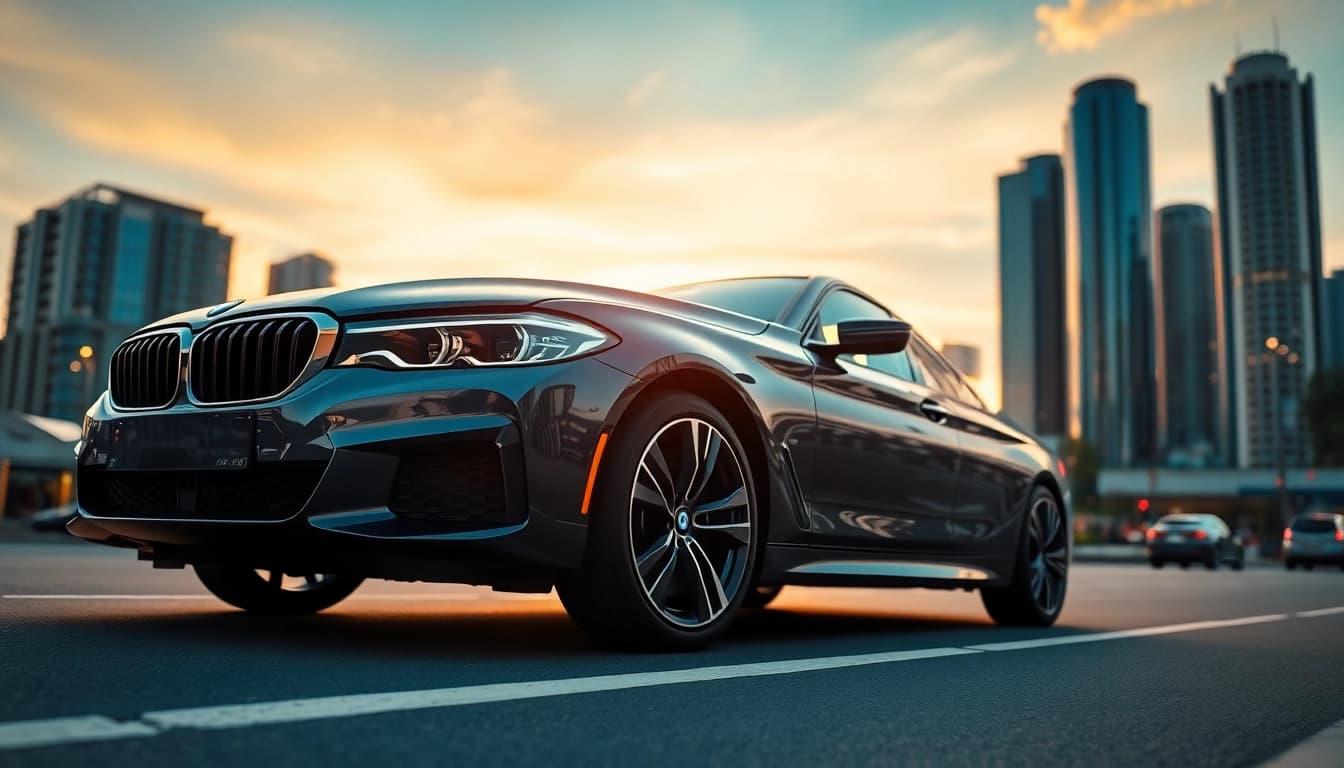 Showcasing a Luxury BMW car against a vibrant city skyline at sunset.