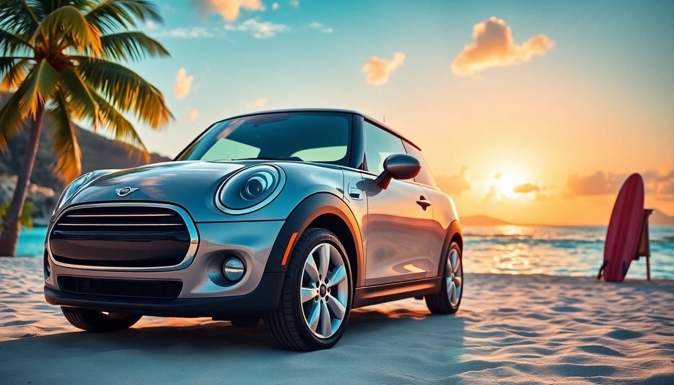 Rent Mini Cooper St Barts along a stunning beach with palm trees and a sunset backdrop.