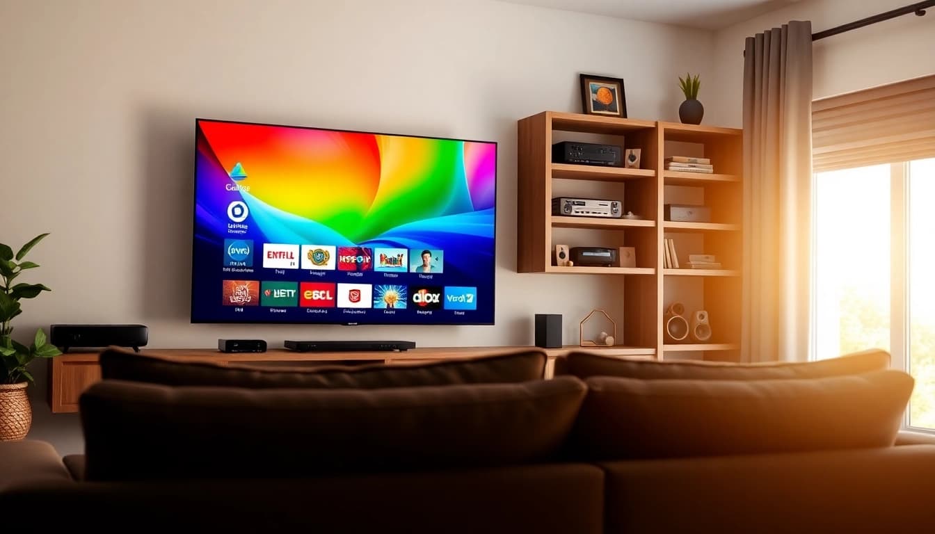 Experience the benefits of free trial iptv with a modern smart TV display in a cozy living room.