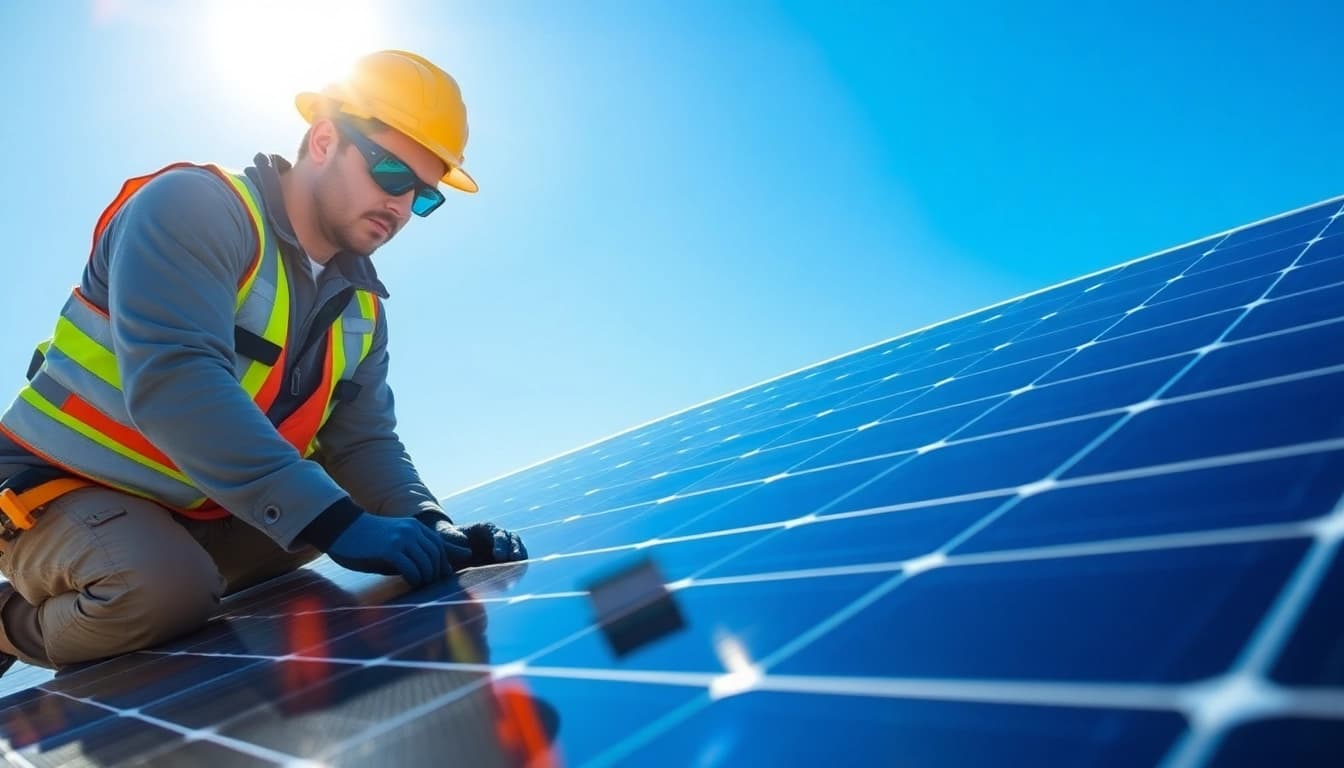 Technician conducting solar panel repair on a rooftop, showcasing precise techniques.