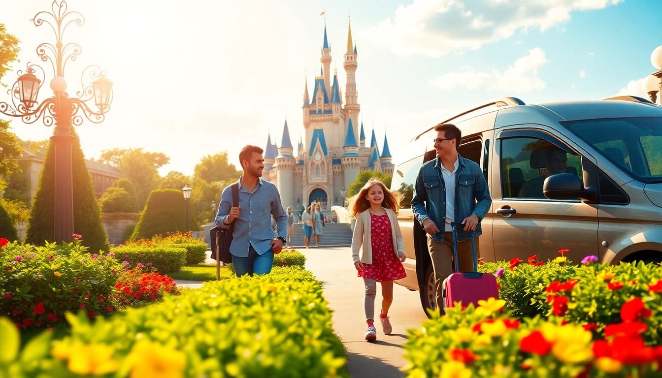 Families enjoying transfers from paris airport to disneyland with luggage in hand and smiles.