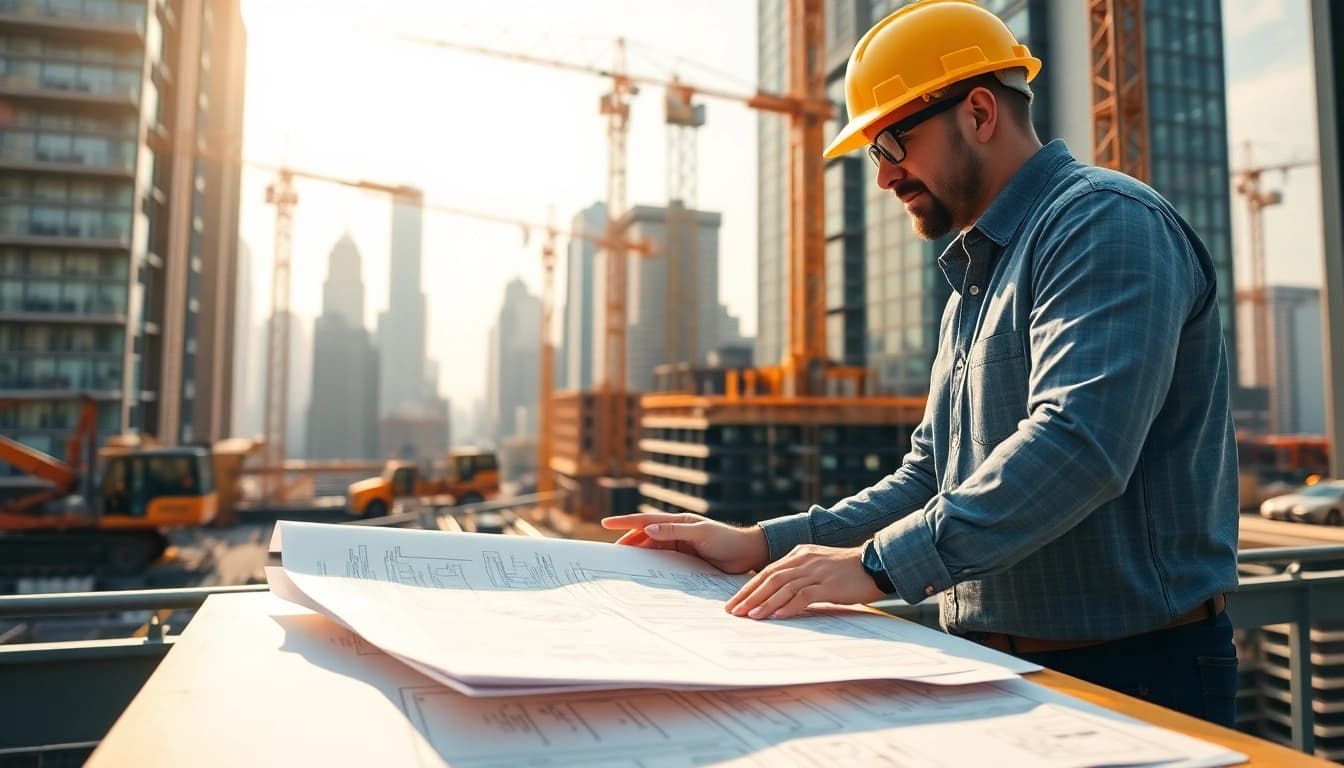 Manhattan Construction Manager analyzing blueprints on a busy construction site in NYC.