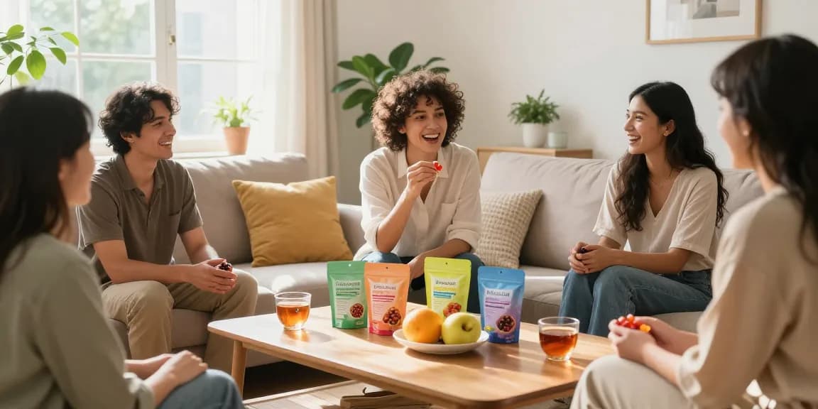 Kratom gummies shared among friends in a cozy living room, highlighting wellness and relaxation.