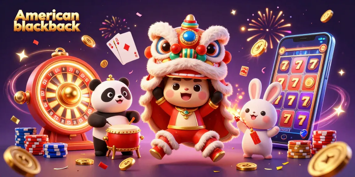 Cascade coins and royal flush celebrate american-blackjack gameplay with festive characters.