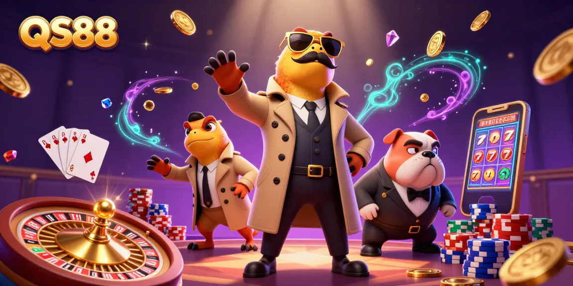 Engage with QS88's vibrant casino scene where cartoon raptors imitate a tall character before a bouncer.
