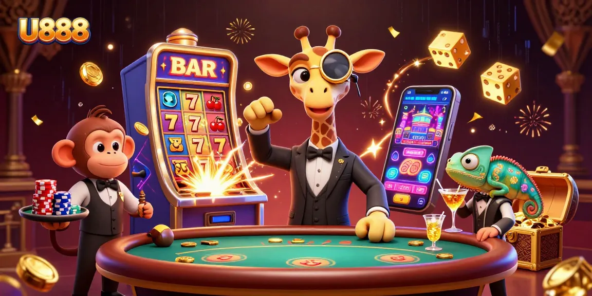 U888 promotes thrilling jackpots with a 3D giraffe high-roller at an exciting casino scene.