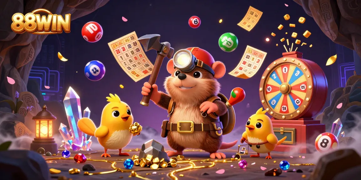 Experience the excitement of 88WIN with a vibrant treasure hunting scene full of gaming elements.