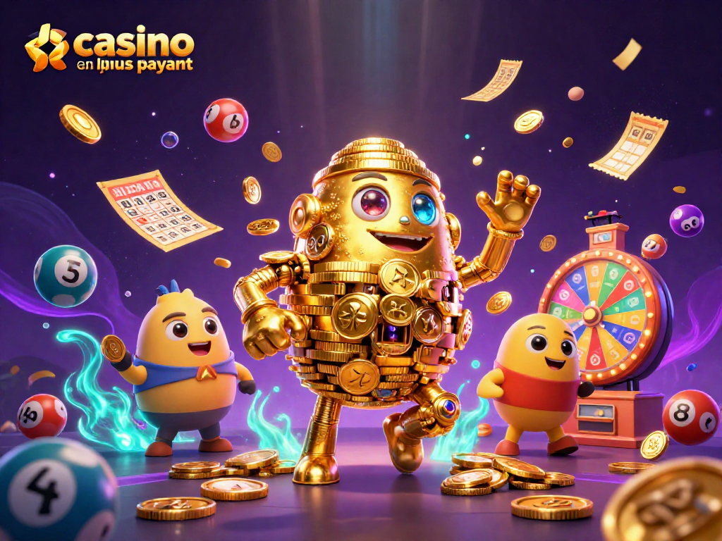 Découvrez le casino en ligne le plus payant avec cette illustration dynamique illustrant un golem d'or entouré d'éléments de loterie.