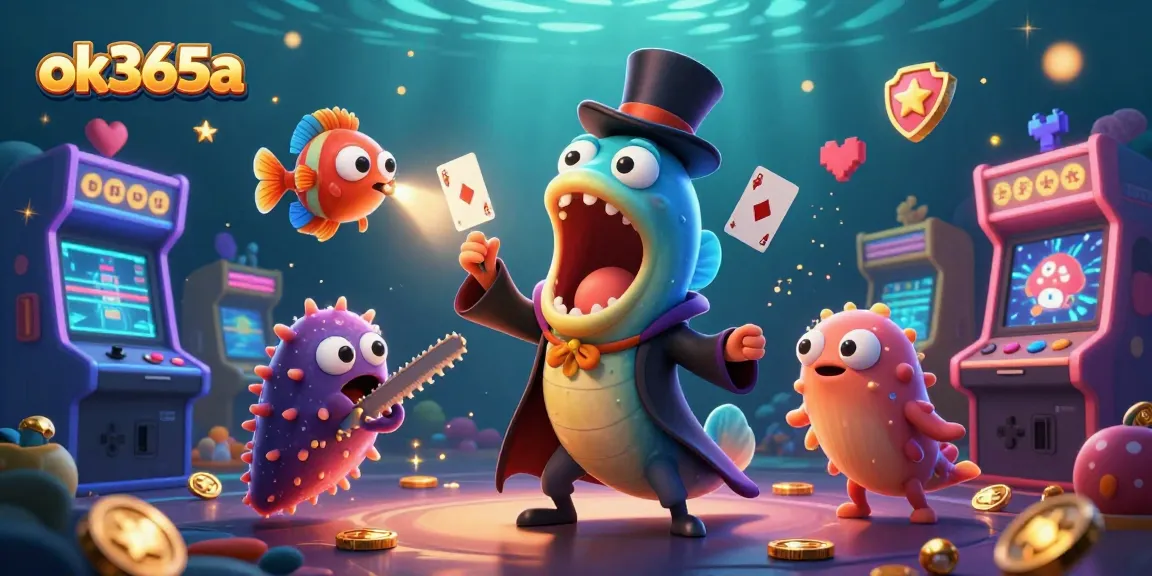 Engage in exciting play with ok365a, where 3D characters perform magic tricks amidst vibrant casino-themed elements.
