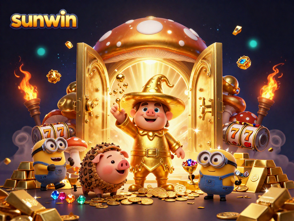 Experience the thrill of winning with Sunwin's enchanting golden wizard and treasure-filled casino scene.