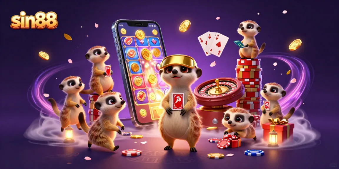 sin88 meerkats manage a vibrant casino, featuring colorful games and golden coins.