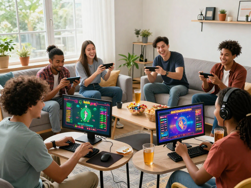 Dewatogel online gaming scene with friends engaging in virtual togel game, showcasing excitement and camaraderie.