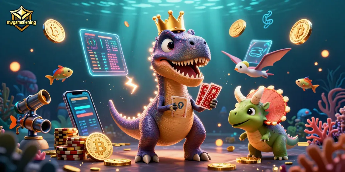 mygamefishing T-Rex shuffles cards with a pterodactyl while a triceratops stacks chips in a vibrant casino
