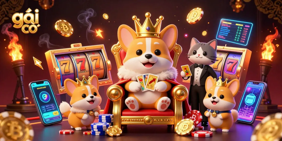 Engage with the royal corgi ambiance at a vibrant казино scene featuring "gái gọi" in enchanting detail.