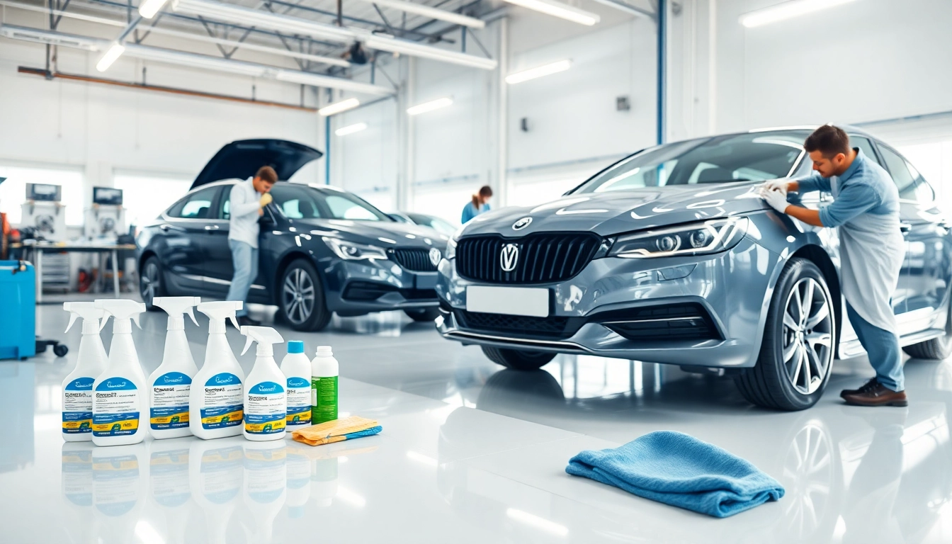 Car detailing process showcasing Canadian car detailing brand in action, with professional equipment and a clean environment.