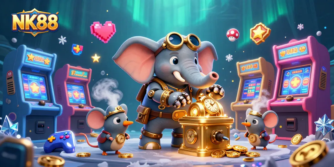 Engage with thrilling games at NK88, featuring a steampunk elephant at a dynamic slot machine.