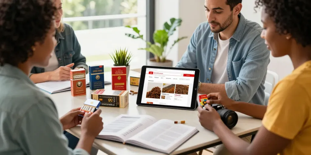 Shopping for cheap cigarettes online Australia with friends, comparing tobacco products on a tablet.