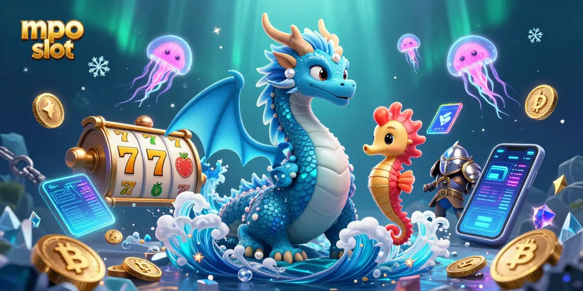 Engage with mpo slot games, featuring a vibrant underwater scene with a majestic dragon and seahorse knight.