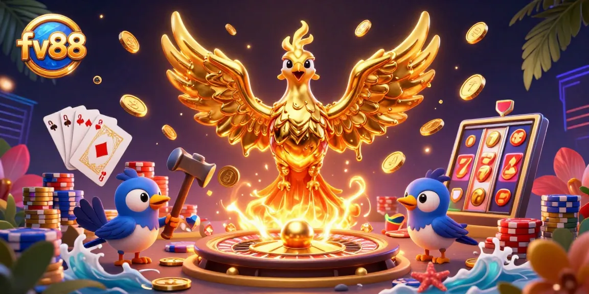 Experience exciting gaming at fv88 with dynamic golden phoenix, spinning roulette, and vibrant casino elements.