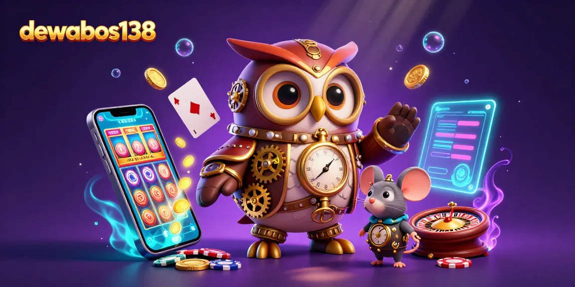 Dewabos138 offers a thrilling experience with a 3D cartoon casino scene featuring gaming elements and vibrant visuals.