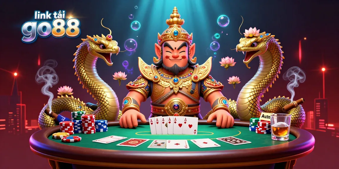 Engage with link tải go88 by exploring vibrant scenes filled with poker elements and a Thai temple guardian.