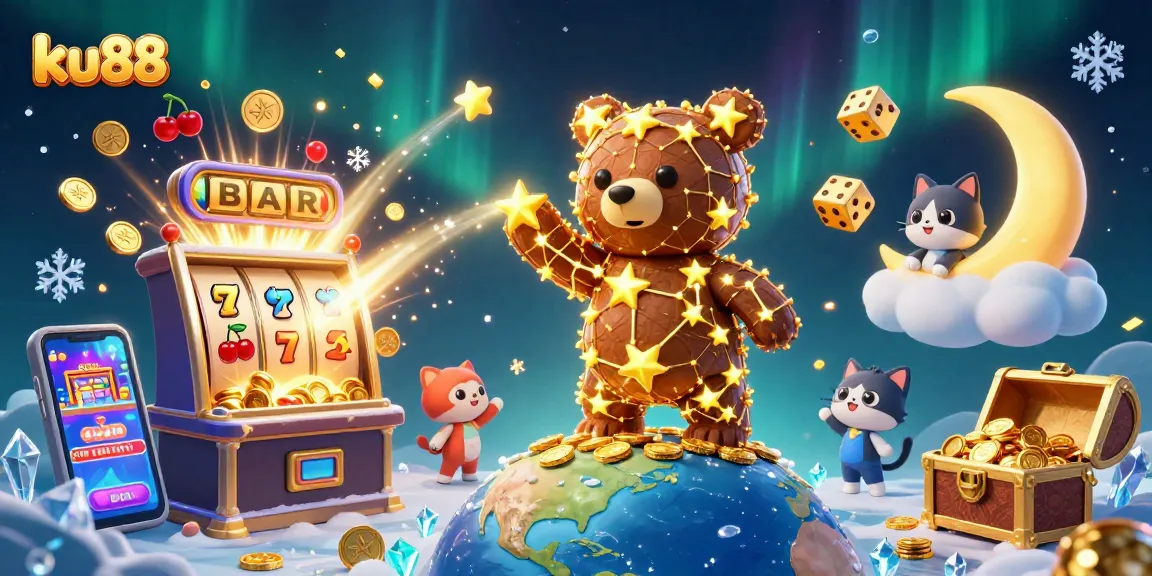 Experience jackpot thrills with ku88 featuring a constellation bear in a vibrant 3D casino scene.