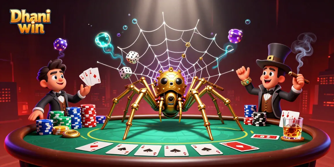 Dhani win game illustration with a unique steampunk spider catching dice in a rich casino environment.