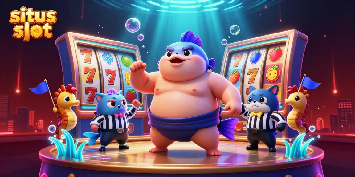 Menangkan situs slot dengan simbol jackpot dan ikan fugu bertanding dalam ilustrasi 3D yang penuh warna.