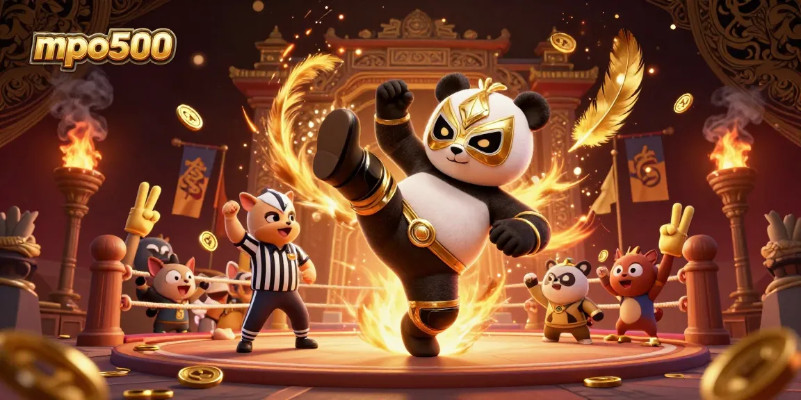 Engage with mpo500 in a thrilling illustration of a wrestling scene with animated characters.