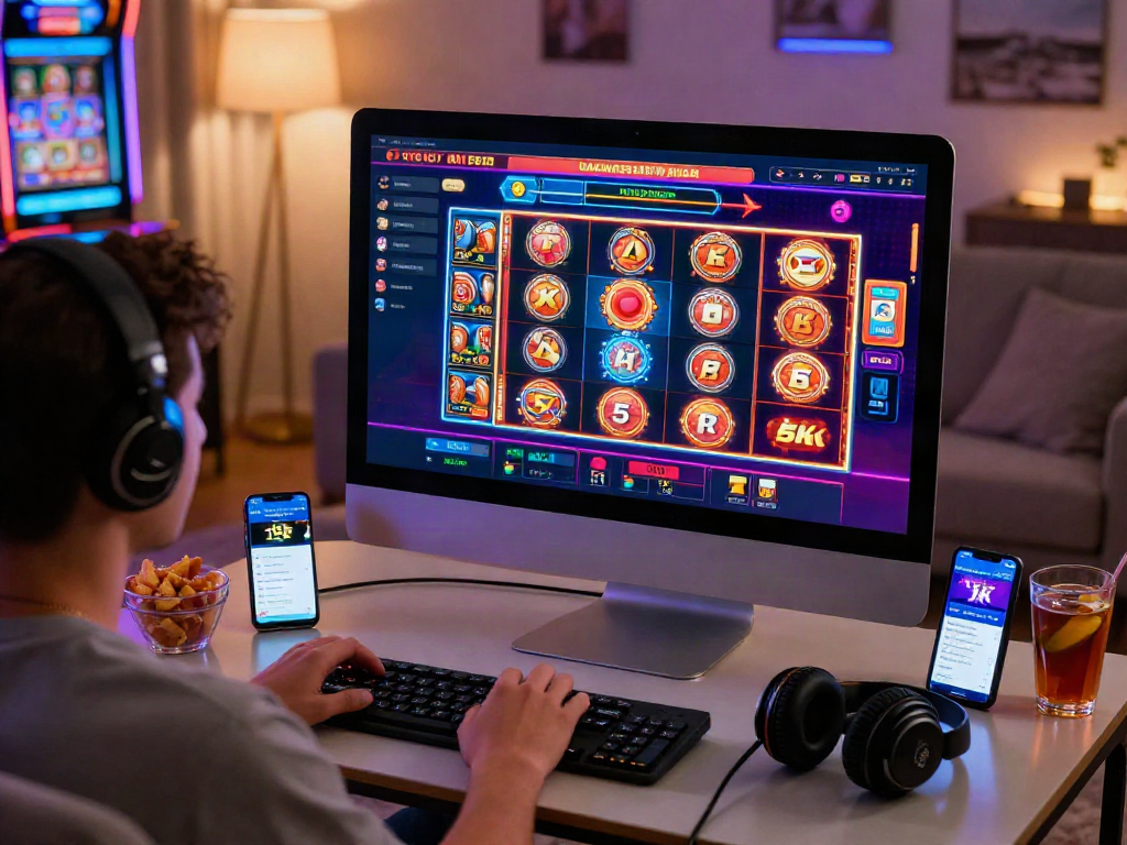 Engaging user preparing for a slot deposit 5k at home casino setup, vibrant games and snacks nearby.