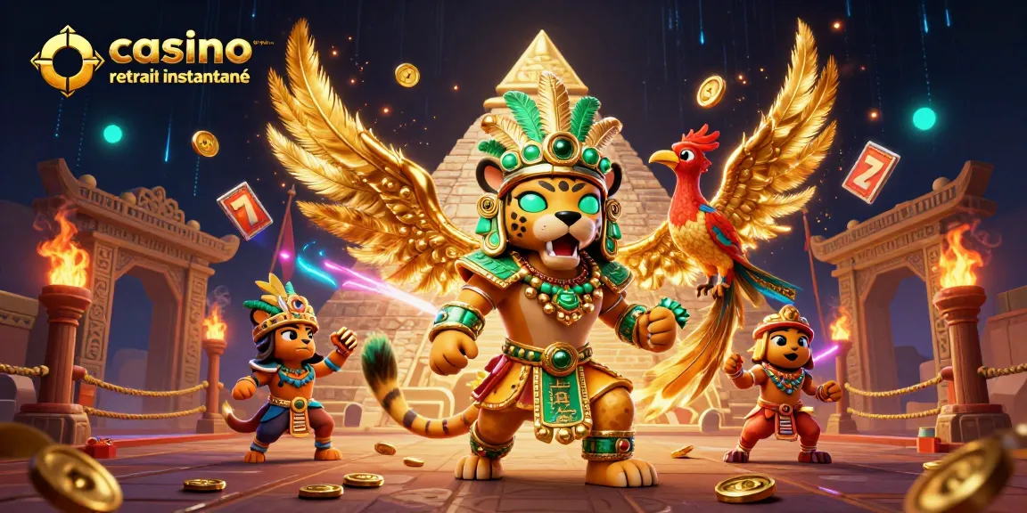 Une scène immersive de casino en ligne retrait instantané avec un prêtre jaguar et un oiseau quetzal.