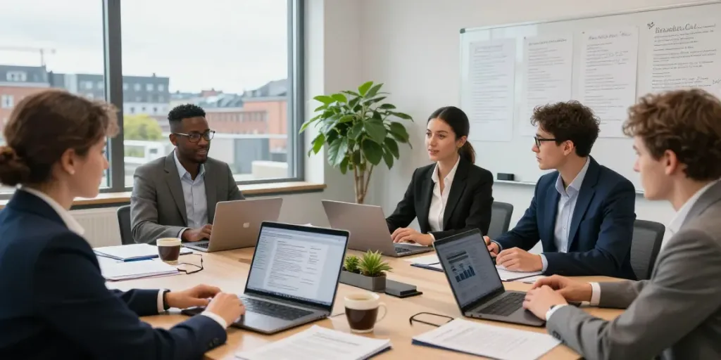 Team of legal advisors at Lead Roedl discussing strategies in a modern office.