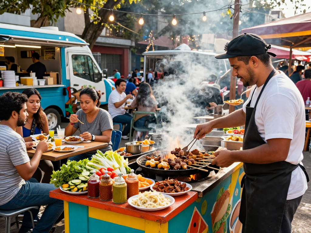 Delicious vaca frita being grilled at a lively street food market, showcasing the best vaca frita near me.