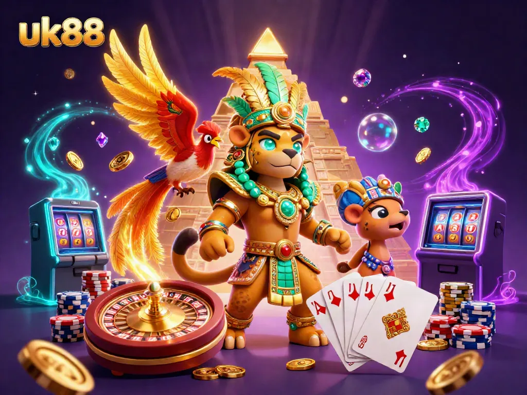 Experience the excitement of uk88 with a vibrant 3D casino scene filled with games and dynamic elements.