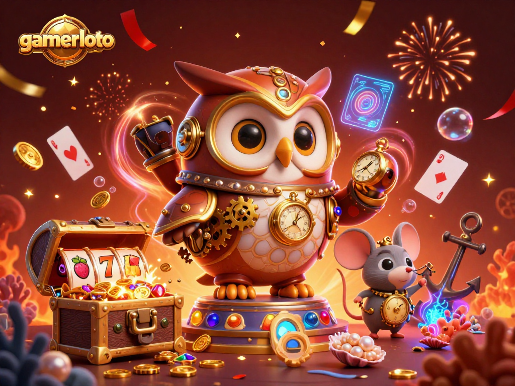 Engage in the gamerloto world of 3D adventure with a time-traveling owl amidst an exhilarating casino scene.