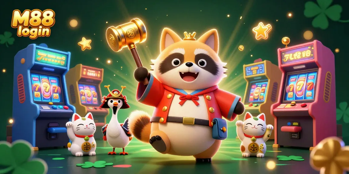 Engage with M88 login through a vibrant, colorful casino-themed illustration, featuring playful characters and gaming elements.