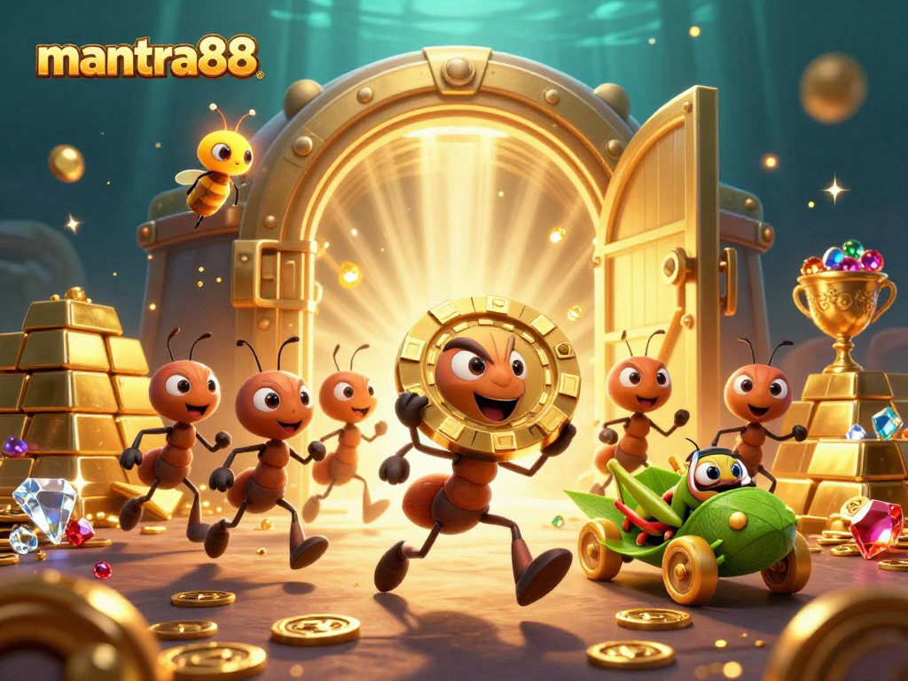 mantra88 gaming team of ants on a heist with poker chips in a bright treasure scene