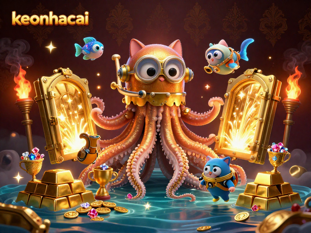 Engage in thrilling gameplay with keonhacai as the kraken celebrates big wins amidst treasure and diving characters.
