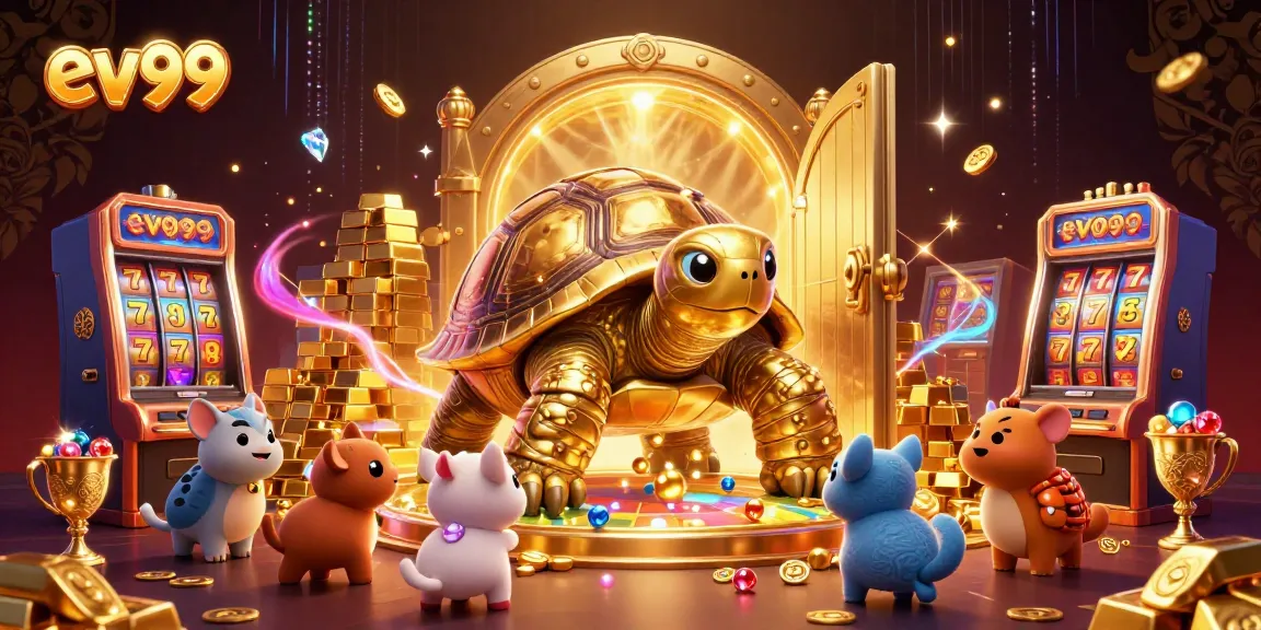 Experience the thrill of ev99 with vibrant animations of a golden tortoise pinball machine in a bustling casino scene.
