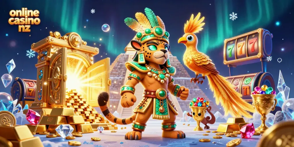 Experience thrilling gaming at online casino nz with a vibrant 3D Mayan-themed illustration showcasing rich casino elements.