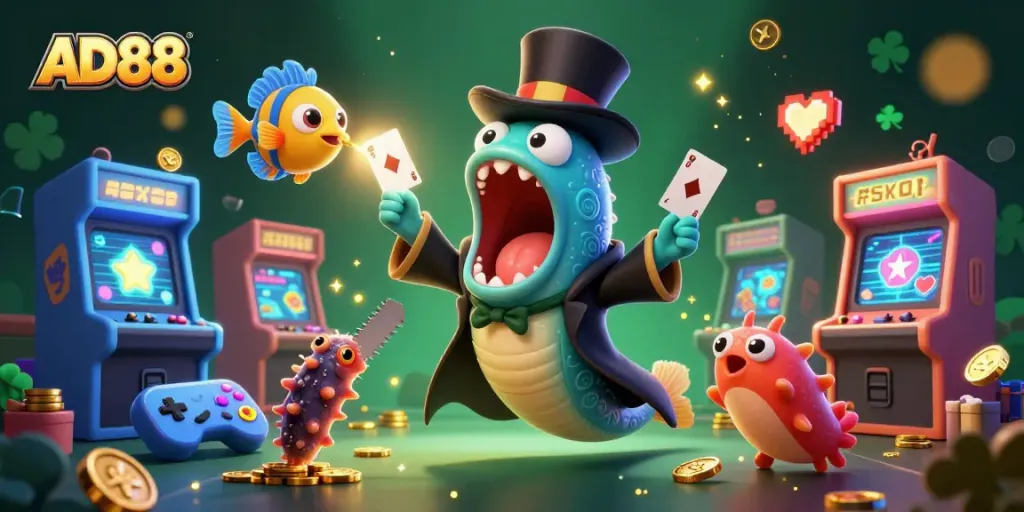 AD88 magic act featuring deep-sea creatures in an engaging casino scene with vibrant game elements.