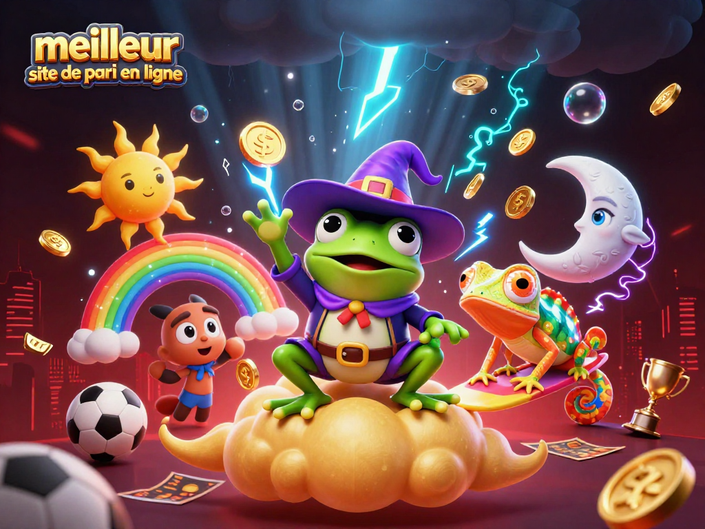Visualisez le meilleur site de pari en ligne avec des personnages de jeu dynamique dans une ambiance festive.