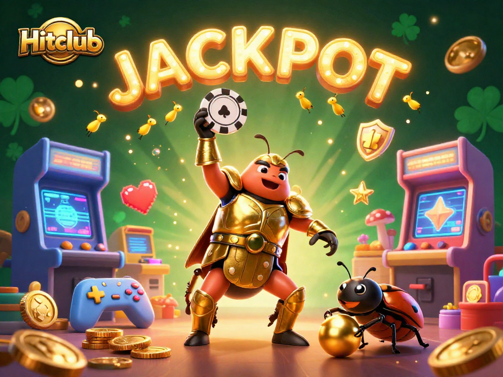 Hitclub celebrates with a hero beetle lifting a poker chip alongside lively casino elements.