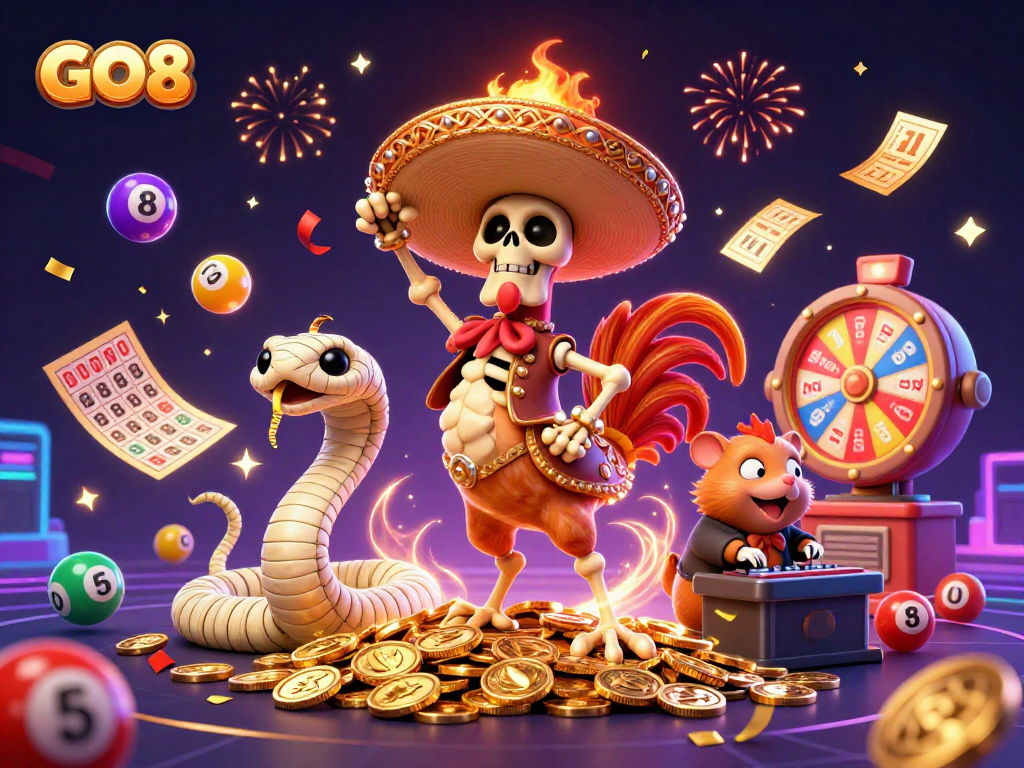 GO8 welcomes players with vibrant illustrations showcasing a 3D scene of casino activities and celebrations.