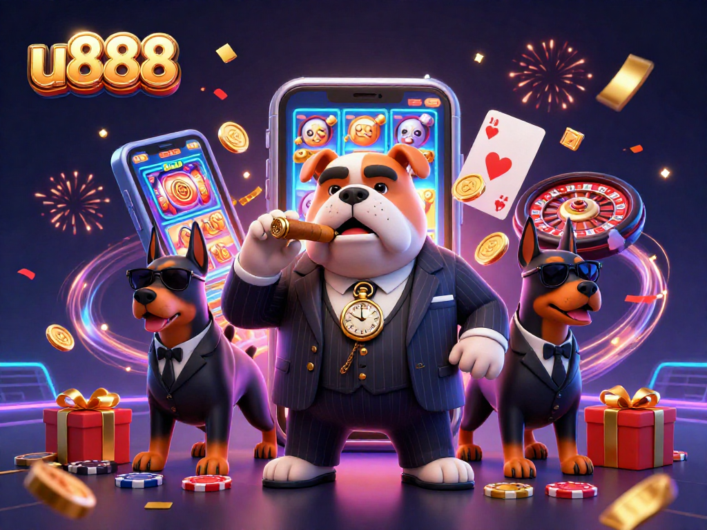 Join the excitement at u888 with a vibrant scene of a mafia boss and bodyguards amidst casino game elements.
