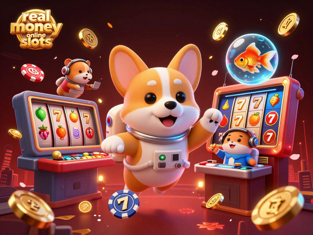 Experience real money online slots with a cartoon astronaut corgi, poker chips, and vibrant slot elements.