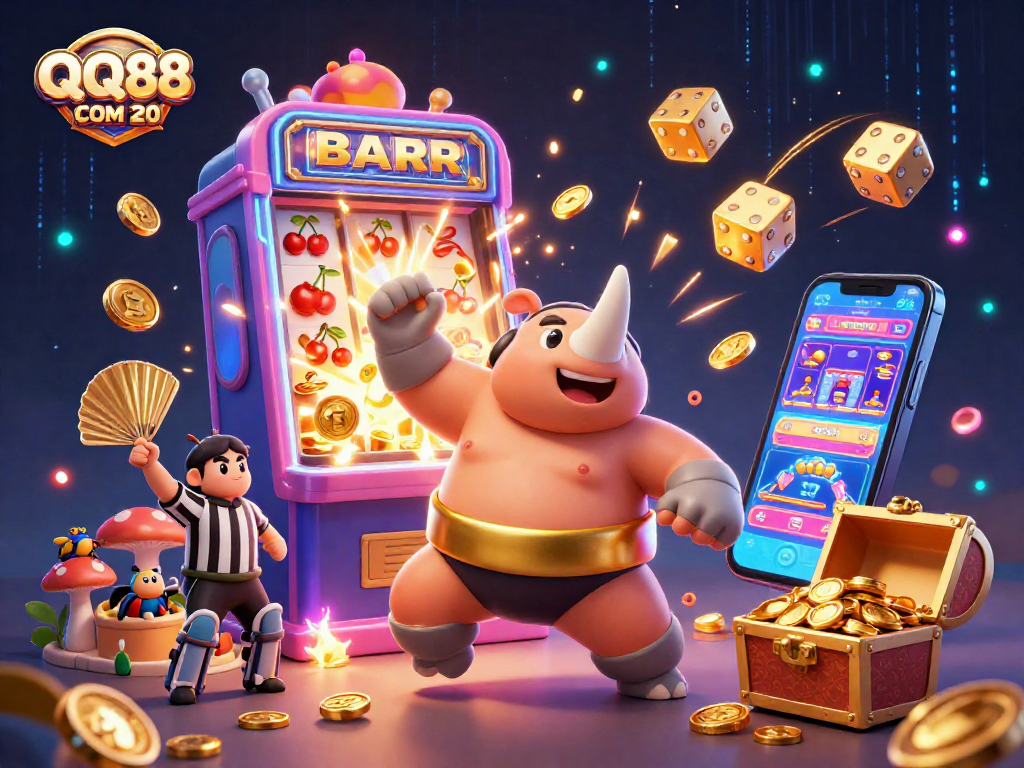 Experience exciting gameplay at QQ88 COM 20 with the sumo champion beetle amidst colorful jackpots bursting with coins.