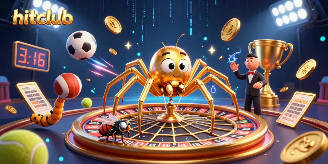 Place bets with hitclub in this thrilling 3D casino scene featuring a golden spider and dynamic sports elements.