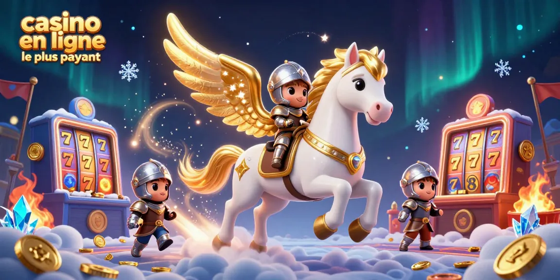 Découvrez une illustration dynamique pour casino en ligne le plus payant, avec un cheval céleste et un chevalier dans un décor vibrant de jeux.
